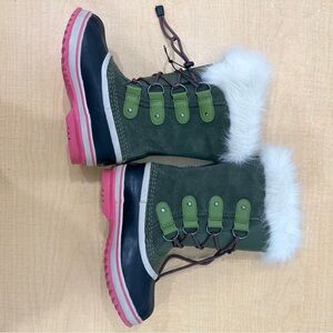 Sorel Kids Olive and Pink Fur-Lined Boots